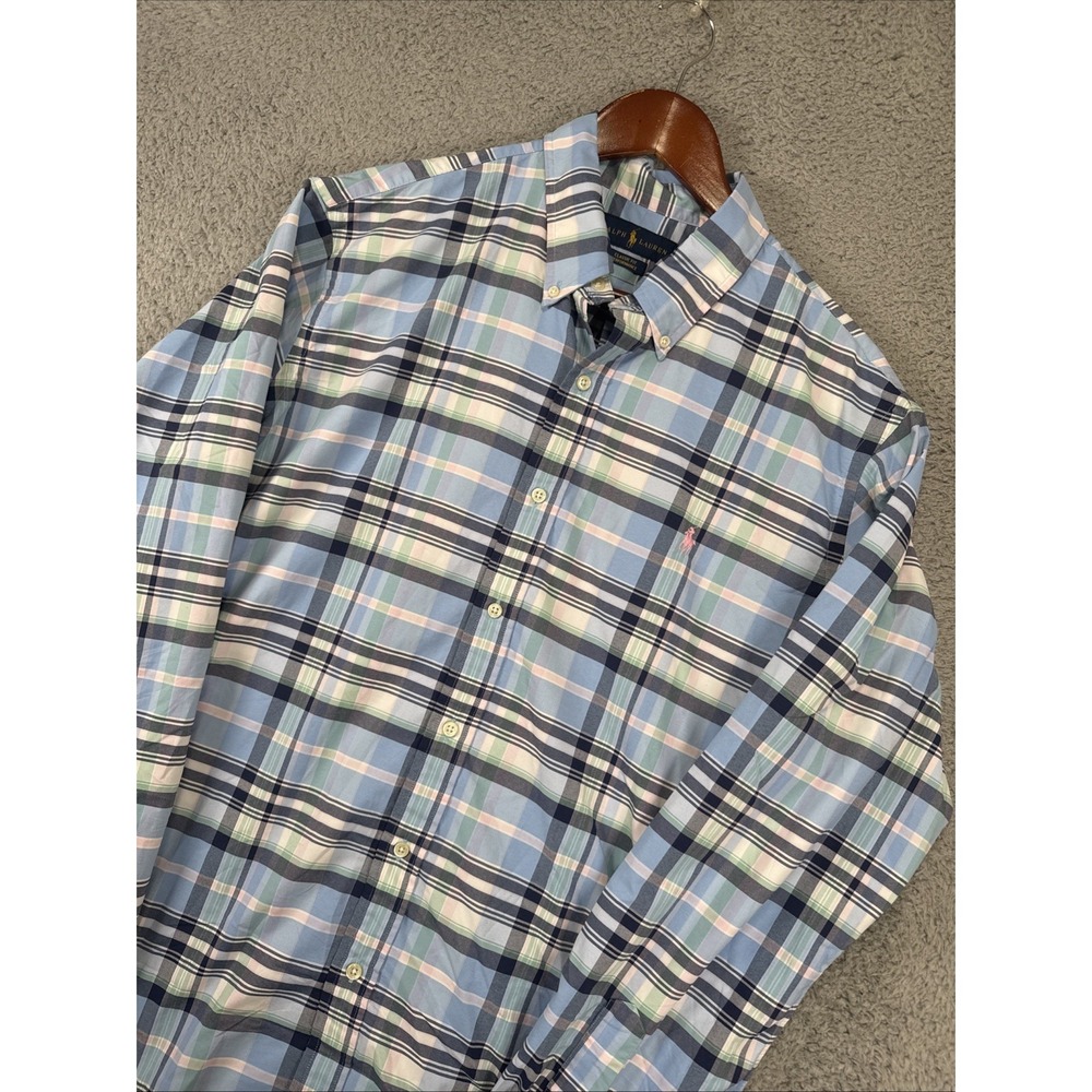 Polo Ralph Lauren Shirt‎ Mens XL BLUE WHITE Plaid Classic Fit Performance